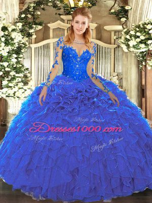 Floor Length Lace Up Sweet 16 Quinceanera Dress Blue for Military Ball and Sweet 16 and Quinceanera with Lace and Ruffles