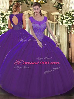 Purple Scoop Neckline Beading Sweet 16 Dress Sleeveless Backless