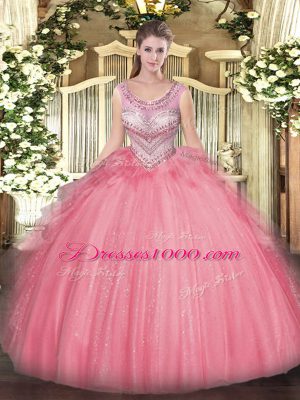 Elegant Watermelon Red Ball Gowns Scoop Sleeveless Tulle Floor Length Lace Up Beading and Ruffles Quince Ball Gowns