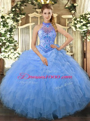 Baby Blue Ball Gowns Beading and Ruffles Ball Gown Prom Dress Lace Up Organza Sleeveless Floor Length
