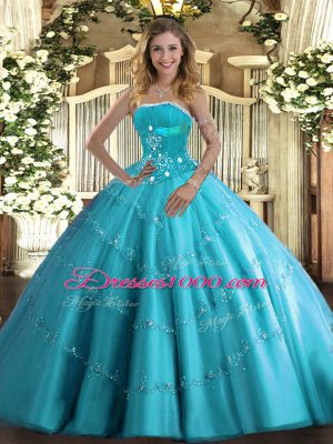 Ball Gowns Quinceanera Dresses Aqua Blue Strapless Tulle Sleeveless Floor Length Lace Up
