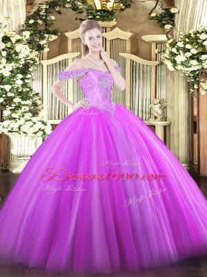 Lilac Ball Gowns Off The Shoulder Sleeveless Tulle Floor Length Lace Up Beading Vestidos de Quinceanera