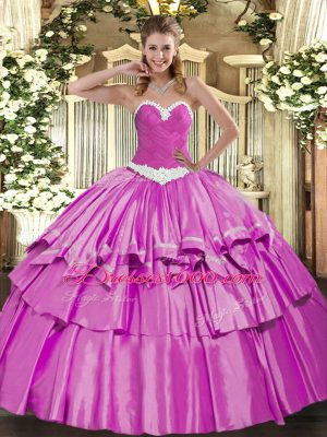 Shining Lilac Organza and Taffeta Lace Up Sweetheart Sleeveless Floor Length Sweet 16 Dress Appliques and Ruffled Layers