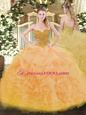 Gold Organza Lace Up Quinceanera Dresses Sleeveless Floor Length Beading and Ruffles