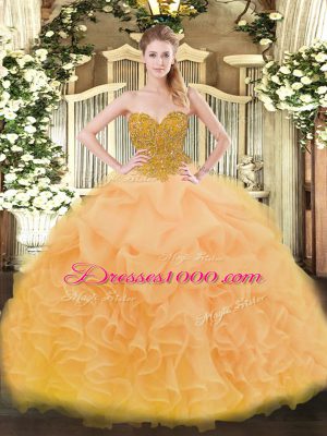 Gold Organza Lace Up Quinceanera Dresses Sleeveless Floor Length Beading and Ruffles