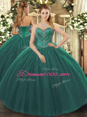 Dark Green Ball Gowns Sweetheart Sleeveless Tulle Floor Length Lace Up Beading Sweet 16 Dress