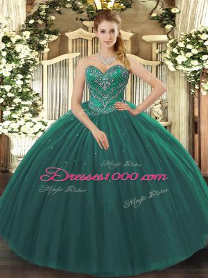 Dark Green Ball Gowns Sweetheart Sleeveless Tulle Floor Length Lace Up Beading Sweet 16 Dress