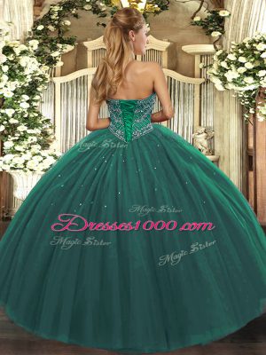 Dark Green Ball Gowns Sweetheart Sleeveless Tulle Floor Length Lace Up Beading Sweet 16 Dress