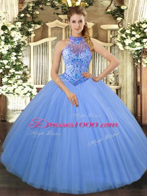 Delicate Floor Length Baby Blue Ball Gown Prom Dress Halter Top Sleeveless Lace Up