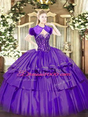Sexy Floor Length Purple Quinceanera Dress Organza and Taffeta Sleeveless Beading and Ruffled Layers