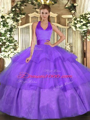 Delicate Halter Top Sleeveless Lace Up Quinceanera Gowns Lavender Tulle