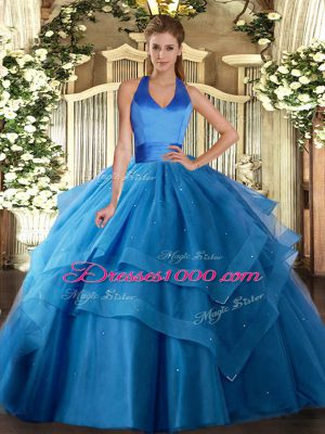 Tulle Halter Top Sleeveless Lace Up Ruffled Layers 15 Quinceanera Dress in Blue