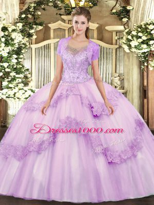 Smart Tulle Scoop Sleeveless Clasp Handle Beading and Appliques Sweet 16 Dresses in Lilac