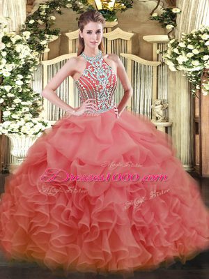 Watermelon Red Sleeveless Beading Floor Length Ball Gown Prom Dress