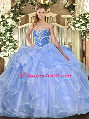 On Sale Organza Sweetheart Sleeveless Lace Up Beading and Ruffles Quinceanera Gown in Blue