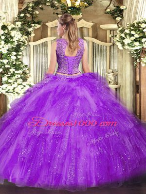 Graceful Coral Red Vestidos de Quinceanera Military Ball and Sweet 16 and Quinceanera with Beading and Ruffles Scoop Sleeveless Lace Up