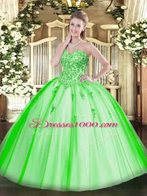 Flare Ball Gowns Sweetheart Sleeveless Tulle Floor Length Lace Up Appliques Quince Ball Gowns