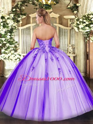 Flare Ball Gowns Sweetheart Sleeveless Tulle Floor Length Lace Up Appliques Quince Ball Gowns