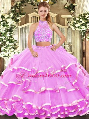 Spectacular Lilac Criss Cross Halter Top Beading and Ruffled Layers Quinceanera Dresses Tulle Sleeveless