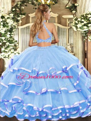 Spectacular Lilac Criss Cross Halter Top Beading and Ruffled Layers Quinceanera Dresses Tulle Sleeveless