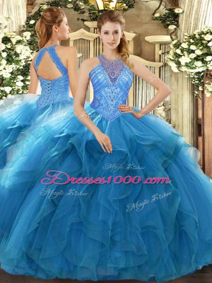 Custom Fit High-neck Sleeveless 15th Birthday Dress Floor Length Beading and Ruffles Teal Organza
