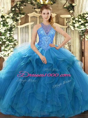 Custom Fit High-neck Sleeveless 15th Birthday Dress Floor Length Beading and Ruffles Teal Organza