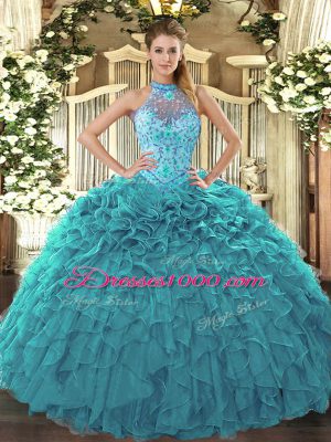 Beauteous Halter Top Sleeveless Organza Quinceanera Dress Beading and Embroidery and Ruffles Lace Up