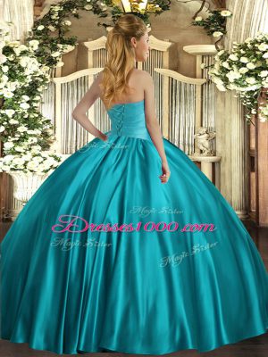 Lovely Ball Gowns Sweet 16 Dress Blue Strapless Satin Sleeveless Floor Length Lace Up