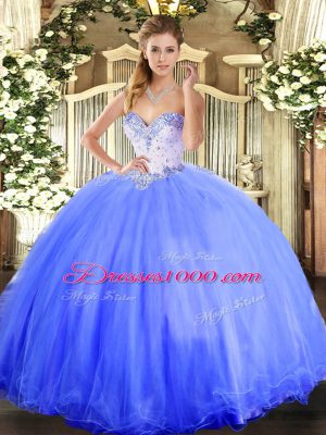 Fashionable Floor Length Ball Gowns Sleeveless Blue Quinceanera Gowns Lace Up