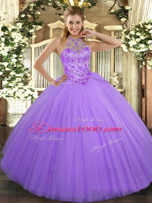 Modest Ball Gowns Quinceanera Dress Lavender Halter Top Tulle Sleeveless Floor Length Lace Up
