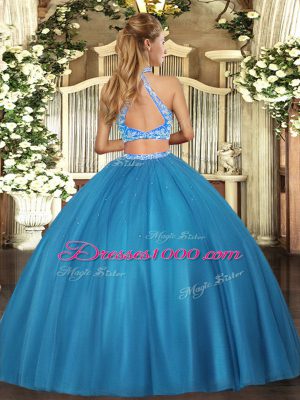 Shining Tulle Halter Top Sleeveless Criss Cross Beading Quince Ball Gowns in Fuchsia