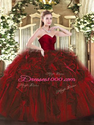 Fashionable Wine Red Zipper 15th Birthday Dress Ruffles Sleeveless Floor Length