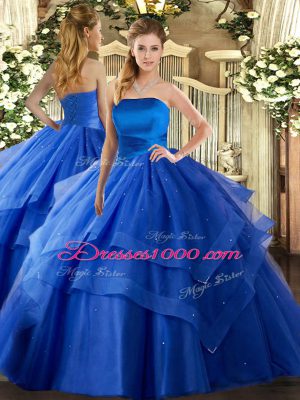 Nice Sleeveless Tulle Floor Length Lace Up Quince Ball Gowns in Royal Blue with Ruffled Layers