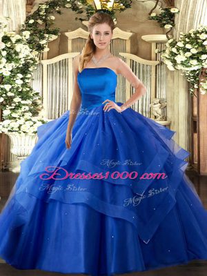 Nice Sleeveless Tulle Floor Length Lace Up Quince Ball Gowns in Royal Blue with Ruffled Layers