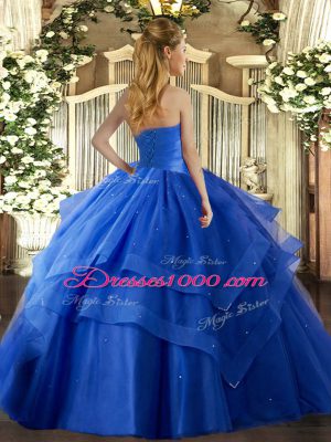 Nice Sleeveless Tulle Floor Length Lace Up Quince Ball Gowns in Royal Blue with Ruffled Layers