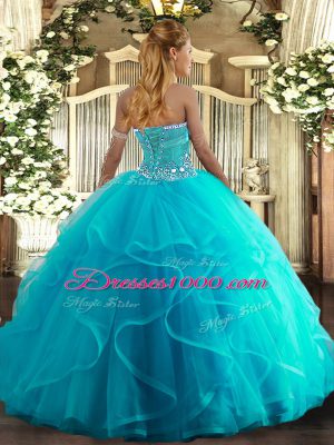 Hot Pink Ball Gowns Tulle Strapless Sleeveless Beading and Ruffles Floor Length Lace Up Ball Gown Prom Dress