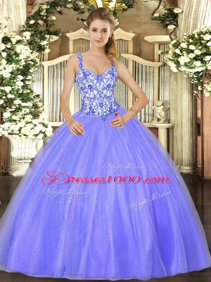 Straps Sleeveless Ball Gown Prom Dress Floor Length Beading Lavender Organza