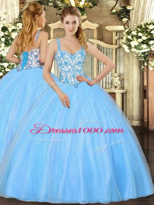 Baby Blue Sleeveless Beading and Appliques Floor Length Sweet 16 Dresses