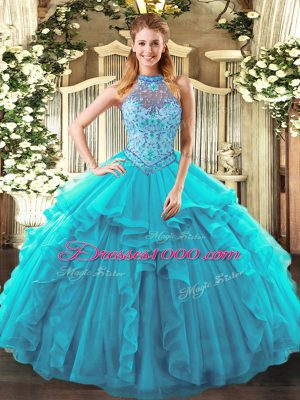 Elegant Sleeveless Floor Length Beading and Ruffles Lace Up 15 Quinceanera Dress with Teal