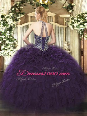 Wine Red Lace Up Halter Top Beading and Ruffles Ball Gown Prom Dress Organza Sleeveless