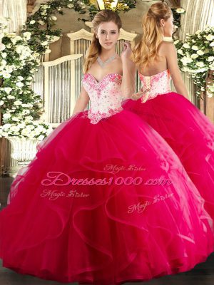Hot Pink Ball Gowns Beading and Ruffles Quinceanera Dress Lace Up Tulle Sleeveless Floor Length