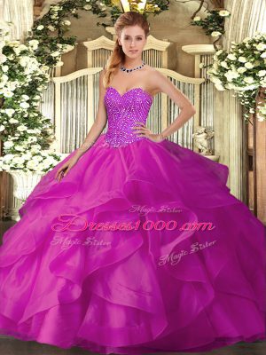 Modern Fuchsia Tulle Lace Up Sweetheart Sleeveless Floor Length 15 Quinceanera Dress Beading and Ruffles