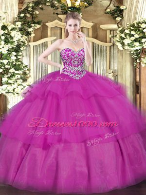 Fuchsia Lace Up Quinceanera Gowns Beading and Ruffled Layers Sleeveless Floor Length