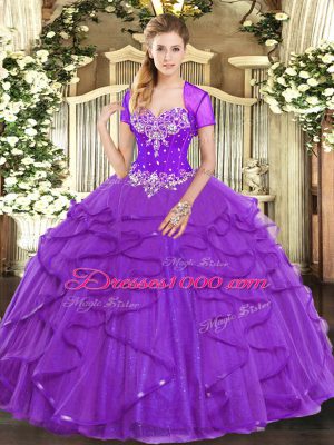 Sleeveless Tulle Floor Length Lace Up 15 Quinceanera Dress in Purple with Beading and Ruffles