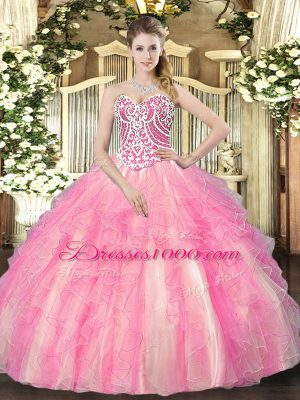 Floor Length Rose Pink Quinceanera Dresses Sweetheart Sleeveless Lace Up