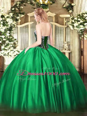 Green Satin Lace Up Sweetheart Sleeveless Floor Length Sweet 16 Dress Beading