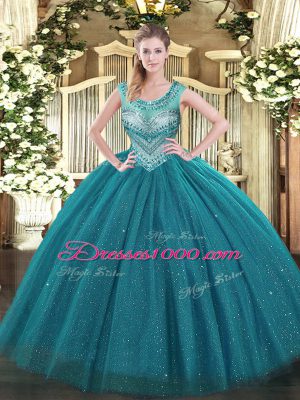 Perfect Teal Sleeveless Tulle and Sequined Lace Up Sweet 16 Quinceanera Dress for Sweet 16 and Quinceanera