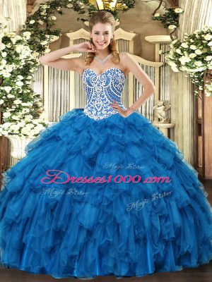 Charming Blue Lace Up Quinceanera Dress Beading and Ruffles Sleeveless Floor Length