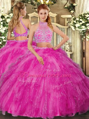 Hot Pink Two Pieces Beading Sweet 16 Dress Criss Cross Tulle Sleeveless Floor Length