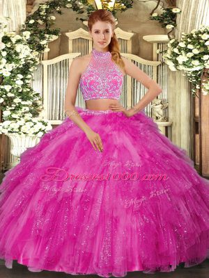 Hot Pink Two Pieces Beading Sweet 16 Dress Criss Cross Tulle Sleeveless Floor Length